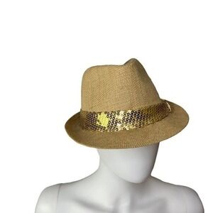 Sequin Band Fedora Hat Tan 100% Jute Fiber Party Dressy Costume One Size